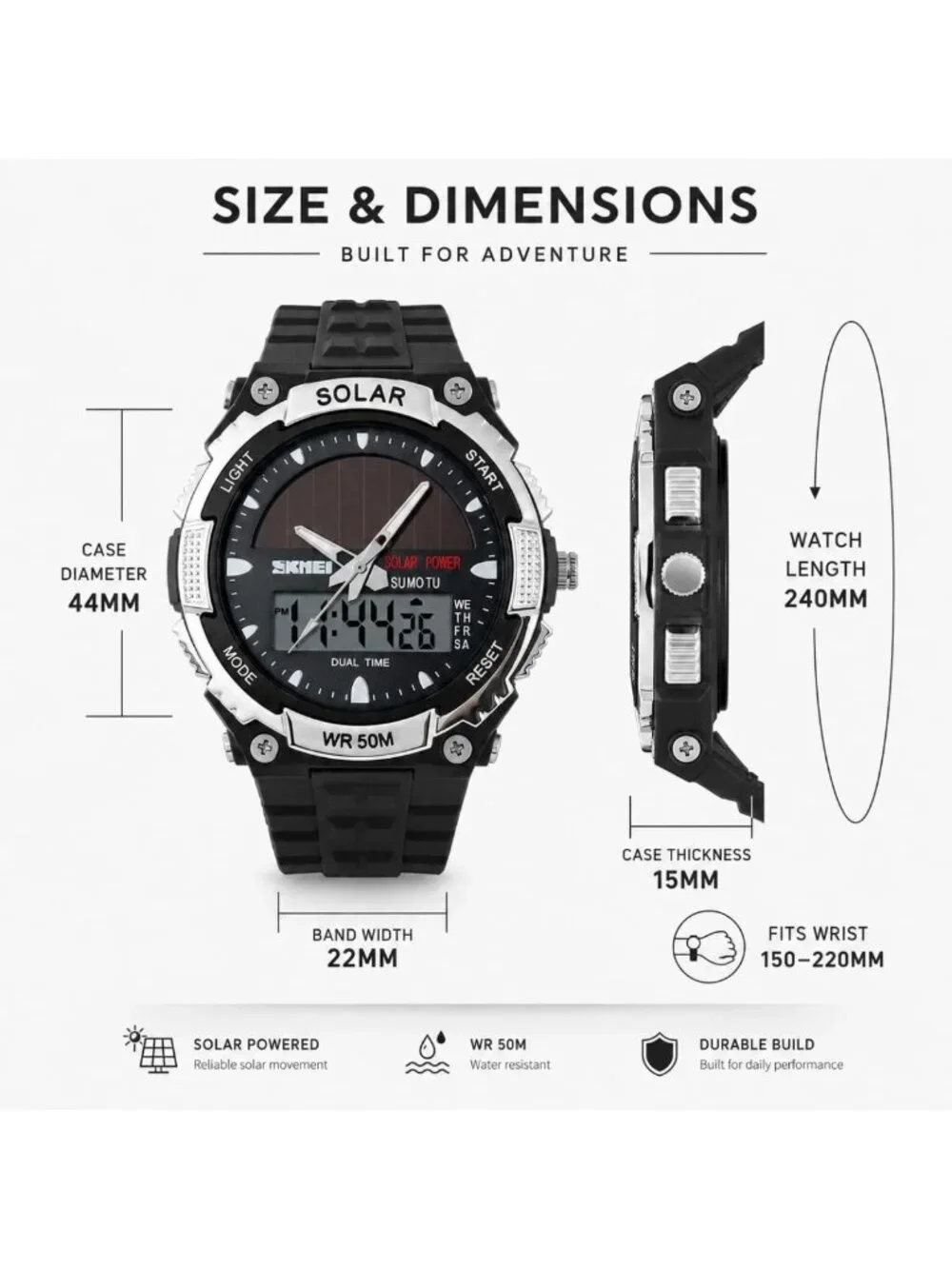 Men's Solar Powered Military Digital Watch - Waterproof, LED, 2 Time Zones